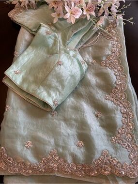 Hand embroidered Sea  green Fancy Saree with Blouse